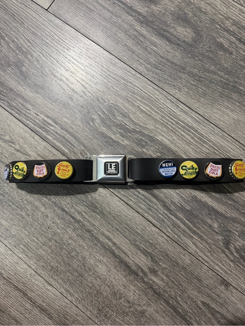 Lipsy Black Menβs Belt with Multi-Color Vintage Bottle Cap Accents
